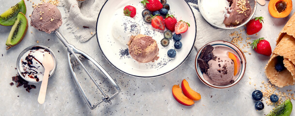 Ice cream assortment on neutral background.