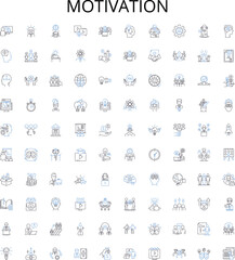 Motivation outline icons collection. Inspire, Excite, Stimulate, Incentive, Ambition, Drive, Encourage vector illustration set. Enthusiasm, Aspiration, Persistence linear signs