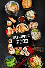 Traditional Japanese food dishes on black background, top view
