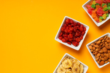 Tasty food concept - delicious dried fruits, space for text