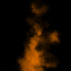 Orange color powder explosion isolated on black background. Royalty high-quality free stock photo image Freeze motion of blue powder exploding. Colorful dust explode. Paint Holi, dust particles splash
