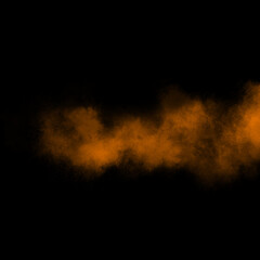 Orange color powder explosion isolated on black background. Royalty high-quality free stock photo image Freeze motion of blue powder exploding. Colorful dust explode. Paint Holi, dust particles splash