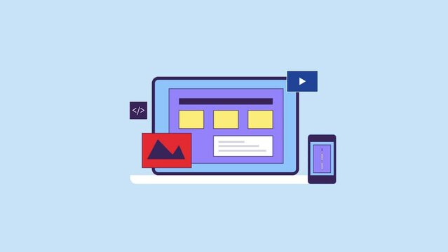Website, web ui ux design, web development coding responsive layout display on digital device screen technology animation video.