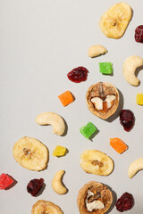 Tasty food concept - delicious dried fruits, space for text