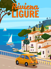 Riviera Ligure Italy, mediterranean romantic landscape, mountains, seaside town, sea. Retro poster travel - obrazy, fototapety, plakaty