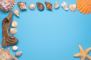 Summer flat lay, Frame with seashells, driftwood and starfish on blue background.