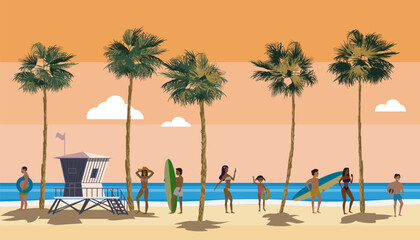 Beach landscape with Lifeguard Station, people on vacation. Palms, sea, ocean, coast view, sunset
