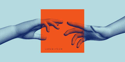 Hands reaching towards each other. Concept of human relation, togetherness or  partnership. 3D vector illustration. Design for banner, flyer, poster, cover or brochure.