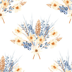 Seamless pattern with wild berries and twigs. Watercolor illustration