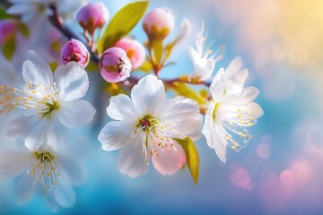 Fototapeta na wymiar Pink cherry tree blossom flowers blooming in spring