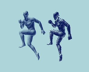 Leadership, freedom or development concept. Running man or marathon runner in сoarse and fine style. 3D human body model. Stipple effect. Design for sports club, fitness, competition or marathon.