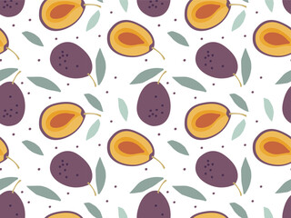 Plum Seamless pattern. Plum Fruit with leaf, hand drawn doodle. Flat vector Food template. Repeated background for textile, wallpaper, packaging. Plum juicy fruits, leaves. Summer fruit background.