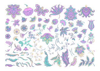 Traditional eastern classical luxury old fashioned floral ornament. Clip art, set of elements for design. Vector illustration.