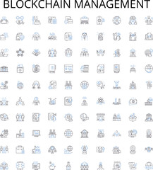 Blockchain management outline icons collection. Blockchain, Management, Cryptocurrency, Data, Security, Mining, Transactions vector illustration set. Development, Network, Smart linear signs