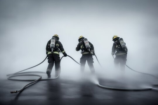 Three firefighters advance with a hose line - Generative AI
