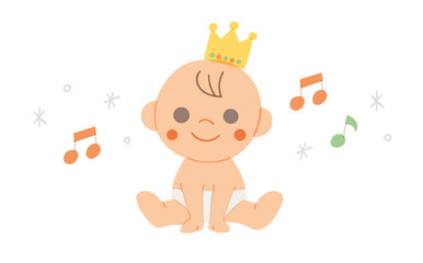 王冠を被った赤ちゃんの手描きベクターイラスト／パステルカラー