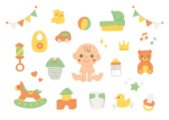 かわいい赤ちゃん・ベビーグッズの手描きベクターイラスト／パステルカラー