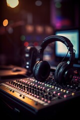 Fototapeta na wymiar Professional headphones on sound mixer - Generative AI