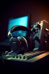 Plakat Professional headphones on sound mixer - Generative AI