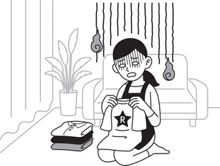 洗濯物をたたむ主婦　ぐったり　モノクロ