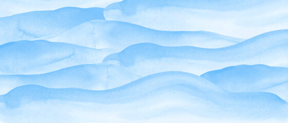 Horizontal abstract blue watercolor lines, waves, texture. Blue, turquoise, white watercolor fluid painting.
