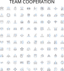 Obraz premium Team cooperation outline icons collection. Collaboration, Synergy, Unite, Together, Communicate, Cooperate, Network vector illustration set. Bond, Integrate, Coordinate linear signs