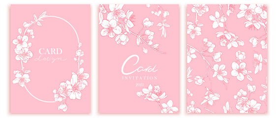 Set of spring cards with sakura flowers. White cherry blossoms, romantic cards set © olechkaart