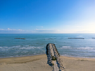 Landscape Aerial view. Beach, coast, Italy Pescara. Sea view. Sand, stones, waves.
