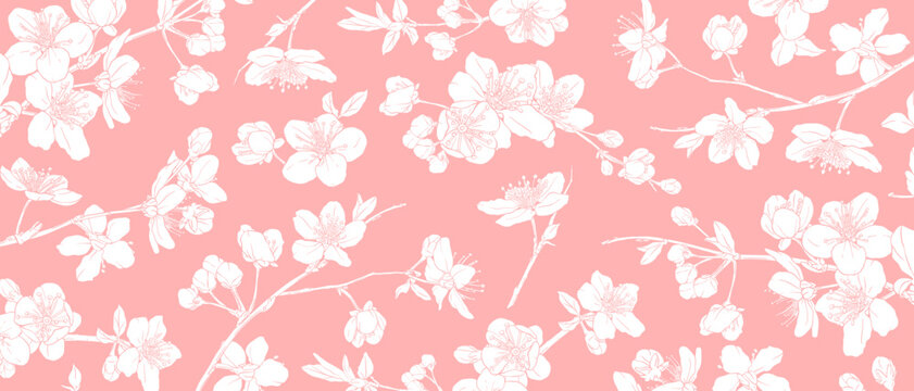 Wallpaper with hand drawn white sakura flowers, leaves on pink background. Romantic elegant fashion print.