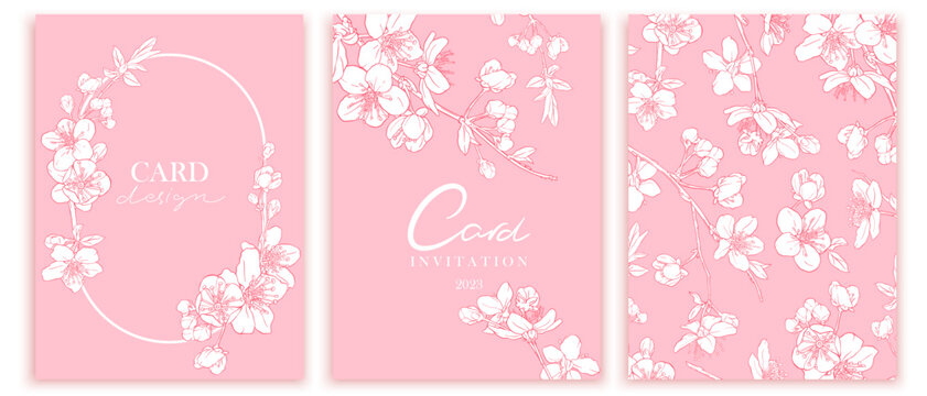 Set of spring cards with sakura flowers. White cherry blossoms, romantic cards set