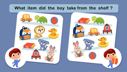 Educational game for children. Puzzle for kids. Find object. Vector illustration. What item did the boy take from the shelf?