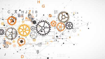 Abstract  technological background  with letters, cogwheels and plexus effect.