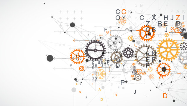 Abstract  technological background  with letters, cogwheels and plexus effect.
