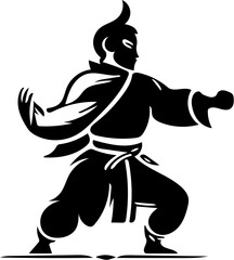 Mascot logo of a kung fu fighter in black and white, silhouette illustration of a martial artist 