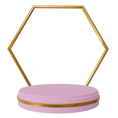 round podium stage with golden hexagon frame. for promotional product photos. 3d rendering...