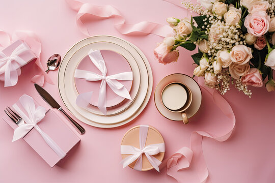 Mother's Day brunch concept. Top view photo of a table set up with pink tableware, flowers, and gift boxes with ribbon bows on a pastel pink tablecloth with copyspace in the middle