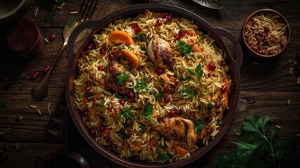  Aromatic Delights: Top-Down View of Pakistani Chicken Pulao with Exquisite Spices - A Flavorful Culinary Journey Generative Ai