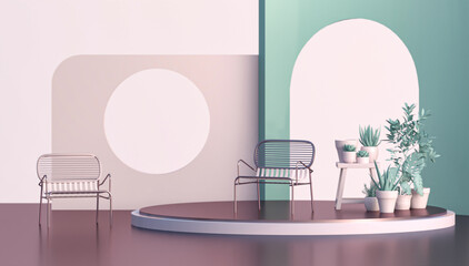 Scene with chair, plant and geometrical forms to show cosmetic products. Holographic. Creative network for studio. 3D rendering for web page, presentation or picture frame
