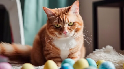Fototapeta na wymiar Ginger cat playing with Easter eggs at home and Pet having fun on the couch