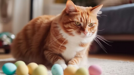 Ginger cat playing with Easter eggs at home and Pet having fun on the couch