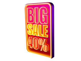 3D rendering of a template, red tag, 40 percent sign and inscription big sale, transparent background; left view