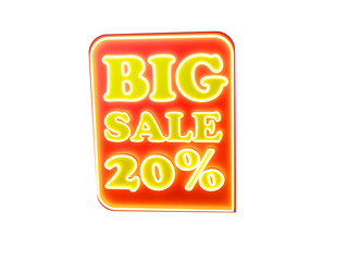 3D rendering of a template, orange tag, 20 percent sign and inscription big sale, transparent background