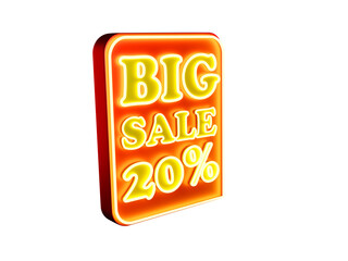3D rendering of a template, orange tag, 20 percent sign and inscription big sale, transparent background; right side view