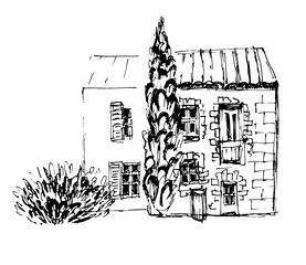 Sketch of natural landscape with hills, fields and farmhouse.  Vector hand-drawn ink illustration of country meadow. Trees, bushes and houses. Outline style in black and white color.