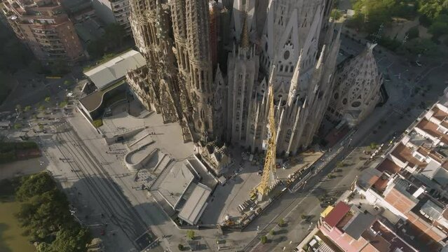 Drone view of Sagrada Familia basilica in Barcelona. Eixample district. Cathedral designed by Antoni Gaudí.