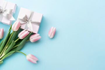Obraz na płótnie Canvas A stunning top view photo of pink and white tulips, blue present boxes with ribbon bows and glitter on a pastel blue background, perfect for a Mother's Day greeting card. 