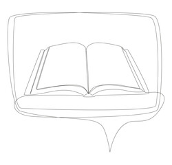 One continuous line of speech bubble with opened Book. Thin Line Illustration vector concept. Contour Drawing Creative ideas.