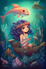 Enchanting Underwater Adventure with Cute Little Mermaid in Comic Style Digital Painting