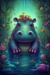 Naklejka premium Hypnotic Hippo in a Magical Wonderland: A Digital Comic Painting in Vibrant Colors