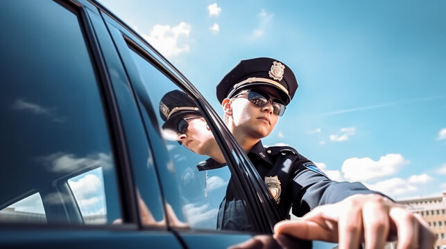 Policeman knocking on car window. Generative AI. High quality illustration